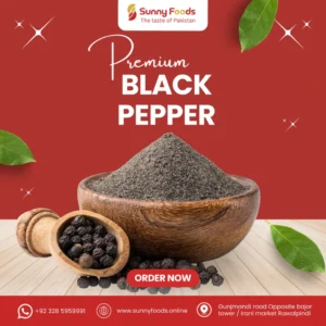 Whole black peppercorns used in seasoning and spice blends.