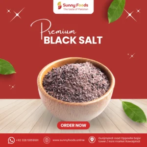 Fine black salt powder used in snacks, salads, and traditional recipes.